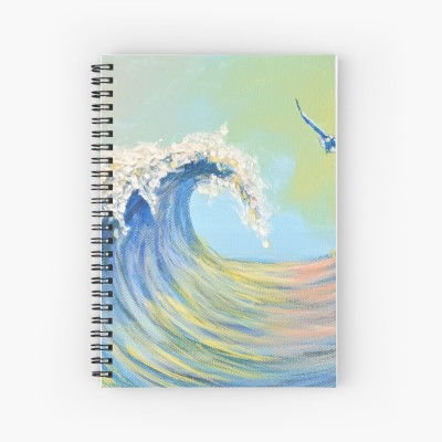 BY THE SEA spiral notebook - Sandra Burns ART - nature art for sale, looking along the curl of a wave, with pink and yellow reflections on the water, white splashes of water on the crest of the wave, and a seagull flying alongside, blue, green, yellow, pink, water, wave, sea, splash, surf, sky, seagull, summertime, memories of summer - original artwork reproduced on the cover of a spiral notebook