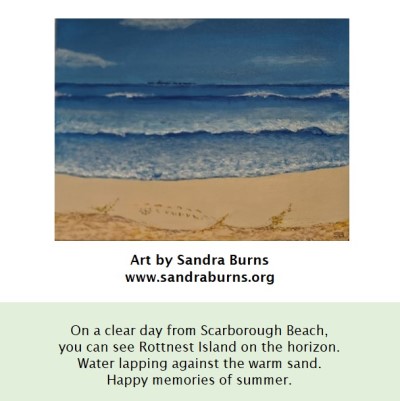 Looking to Rotto - Sandra Burns ART - On a clear day from Scarborough Beach, you can see Rottnest Island on the horizon. Warm sand beneath your toes, the sound of water lapping and kissing the sand. Happy and warm memories of summer - acrylic painting on stretched canvas