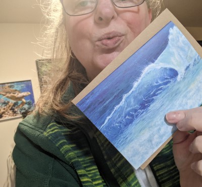OCEAN WAVE - Sandra Burns ART - nature art, crashing wave, blue water, white sea-spray, white shore wash - original artwork reproduced onto greeting cards