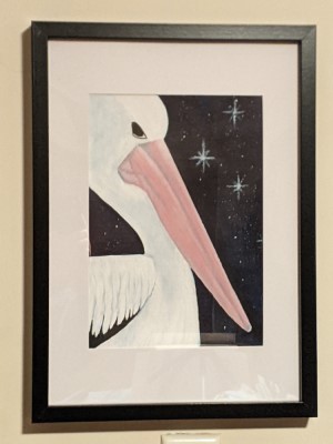 PELICAN PETE - Sandra Burns ART - nature art, close-up of an Australian Pelican, white bird with pink beak, black background with white stars, acrylic painting on paper