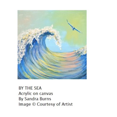 BY THE SEA - Sandra Burns ART - nature art, looking along the curl of a wave, with pink and yellow reflections on the water, white splashes of water on the crest of the wave, and a seagull flying alongside, blue, green, yellow, pink, water, wave, sea, splash, surf, sky, seagull, summertime, memories of summer - nature art for sale, original acrylic painting on stretched canvas