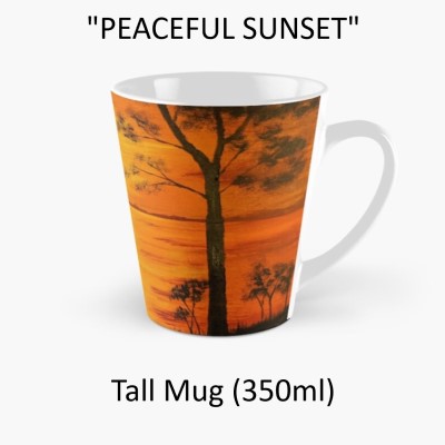 PEACEFUL SUNSET - Sandra Burns ART - nature art, a glorious sunset of red and yellow, golden sun reflecting across the water, framed by black silhouette trees - nature art for sale, original artwork reproduced onto mug