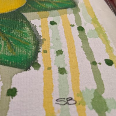 New Artwork by Sandra Burns ART - nature art, a snippet of this new painting, showing the signature in the bottom right corner, dark green patches, green and yellow drops and drips - nature art for sale, original acrylic painting on paper