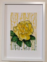 YELLOW ROSE - Sandra Burns ART - nature art, yellow rose painting, shades of yellow, dark green leaves, a yellow rose is a symbol of friendship, dream of yellow roses, friendship flower - nature art for sale, original acrylic painting on paper