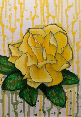 YELLOW ROSE - Sandra Burns ART - nature art, yellow rose painting, shades of yellow, dark green leaves, a yellow rose is a symbol of friendship, dream of yellow roses, friendship flower - nature art for sale, original acrylic painting on paper