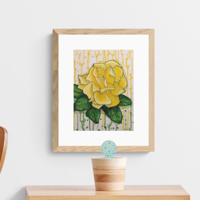 YELLOW ROSE - Sandra Burns ART - nature art, yellow rose painting, shades of yellow, dark green leaves, a yellow rose is a symbol of friendship, dream of yellow roses, friendship flower - nature art for sale, original acrylic painting on paper