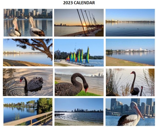 Images of South Perth - 2023 Photo Calendar by Sandra Burns ART - photos taken from the South Perth Foreshore, pelicans, black swans, catamarans, boats, landscape, Swan River, water, blue sky - nature photography reproduced into calendar format - 2023 Calendar