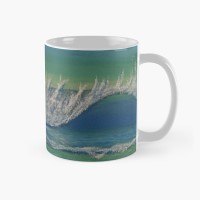 AT THE BEACH - Sandra Burns ART - nature art, crashing wave, blue green water, white sea-spray, white shore wash, sand - original artwork reproduced on ceramic mug