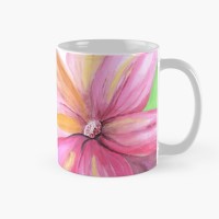 BLOOMING DELIGHT - Sandra Burns ART - nature art, bright pink flower painting with yellow highlights against a bright green background - original artwork reproduced on ceramic mug