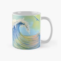 BY THE SEA - Sandra Burns ART - nature art, looking along the curl of a wave, with pink and yellow reflections on the water, white splashes of water on the crest of the wave, and a seagull flying alongside, blue, green, yellow, pink, water, wave, sea, splash, surf, sky, seagull, summertime, memories of summer - original artwork reproduced on ceramic mug