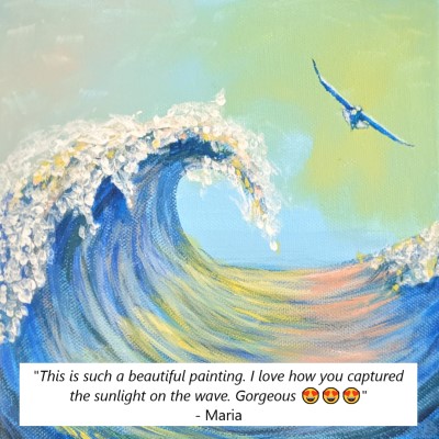 BY THE SEA - Sandra Burns ART - nature art, looking along the curl of a wave, with pink and yellow reflections on the water, white splashes of water on the crest of the wave, and a seagull flying alongside, blue, green, yellow, pink, water, wave, sea, splash, surf, sky, seagull, summertime, memories of summer - nature art for sale, original acrylic painting on stretched canvas