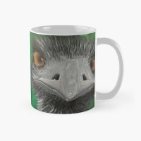 EDDIE THE EMU - Sandra Burns ART - nature art, Australian Emu with amazing eyes looking at you, black white grey gray feathers, green background, acrylic painting on paper, image reproduced on ceramic mug