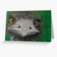 EDDIE THE EMU - Sandra Burns ART - nature art, Australian Emu painting, with amazing eyes looking at you, black white grey gray feathers, green background - original acrylic painting on paper