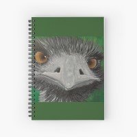 EDDIE THE EMU - Sandra Burns ART - nature art, Australian Emu with amazing eyes looking at you, black white grey gray feathers, green background, acrylic painting on paper, image reproduced on spiral notebook