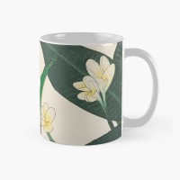 EXOTIC BLOOM - Sandra Burns ART - nature art, yellow and white frangipani flowers offset against deep green foliage leaves - original artwork reproduced on ceramic mug