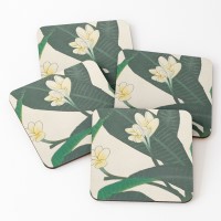 EXOTIC BLOOM - Sandra Burns ART - nature art, yellow and white frangipani flowers offset against deep green foliage leaves - original artwork reproduced on drink coasters