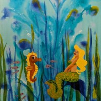 FANTASEA - Sandra Burns ART - nature art, fantasy mermaid art, underwater scene with mermaid, seahorse, and fish among the ocean plants, blue, green, yellow, gold, brown, child-like wonder, magic - nature art for sale, original acrylic painting on paper