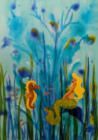 FANTASEA - Sandra Burns ART - nature art, fantasy mermaid art, underwater scene with mermaid, seahorse, and fish among the ocean plants, blue, green, yellow, gold, brown, child-like wonder, magic - nature art for sale, original acrylic painting on paper