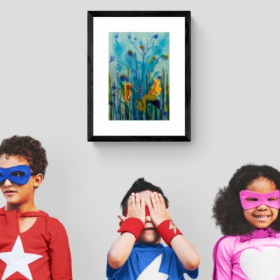 FANTASEA - Sandra Burns ART - nature art, fantasy mermaid art, underwater scene with mermaid, seahorse, and fish among the ocean plants, blue, green, yellow, gold, brown, child-like wonder, magic - nature art for sale, original acrylic painting on paper