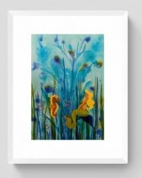 FANTASEA - Sandra Burns ART - nature art, fantasy mermaid art, underwater scene with mermaid, seahorse, and fish among the ocean plants, blue, green, yellow, gold, brown, child-like wonder, magic - nature art for sale, original acrylic painting on paper