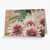 FLOWERS FOR YOU - Sandra Burns ART - nature art, glorious crimson red and white flowers with gold highlights, deep green fish fern, tan background - original artwork reproduced on greeting card