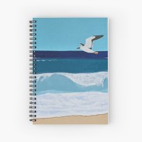 OCEAN VIBE - Sandra Burns ART - nature art, looking out to see as a seagull flies past, deep blue water, light blue wave, white splashes of water on the crest of the wave, white shore wash lapping up to the sand, blue, green, water, wave, sea, splash, surf, sky, seagull, summertime, memories of summer - nature art for sale, original artwork reproduced on spiral notebook