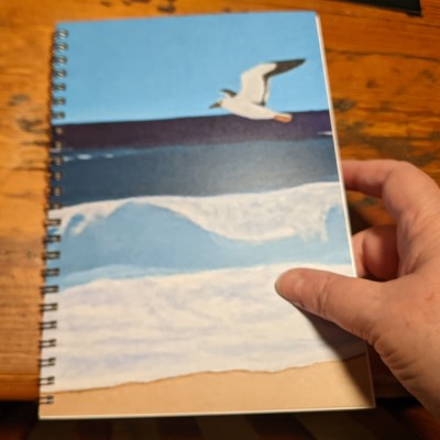 OCEAN VIBE - Sandra Burns ART - nature art, looking out to see as a seagull flies past, deep blue water, light blue wave, white splashes of water on the crest of the wave, white shore wash lapping up to the sand, blue, green, water, wave, sea, splash, surf, sky, seagull, summertime, memories of summer - original artwork reproduced on cover of spiral notebook