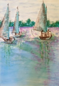 SUNDAY SAILING - Sandra Burns ART - nature art, boats sailing on the Swan River in Perth Western Australia, pink evening sunset sky reflecting on the water, sunset sailing, watercolour, pastel crayon - nature art for sale, original mixed media painting on paper