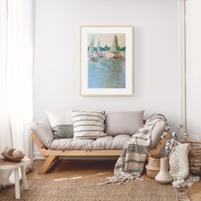 SUNDAY SAILING - Sandra Burns ART - nature art, boats sailing on the Swan River in Perth Western Australia, pink evening sunset sky reflecting on the water, sunset sailing, watercolour, pastel crayon - nature art for sale, original mixed media painting on paper