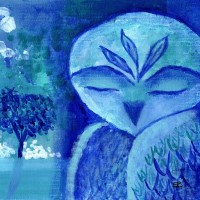 BLUE DAWN - Sandra Burns ART - nature art, blue owl painting, shades of blue turquoise and white, blue and white painting of owl and trees, owl feathers trees mist clouds, feeling serene and peaceful, wise owl, wisdom - nature art for sale, original acrylic painting on paper