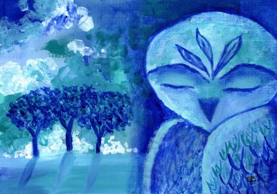 BLUE DAWN - Sandra Burns ART - nature art, blue owl painting, shades of blue turquoise and white, blue and white painting of owl and trees, owl feathers trees mist clouds, feeling serene and peaceful, wise owl, wisdom - nature art for sale, original acrylic painting on paper