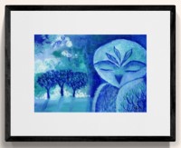 BLUE DAWN - Sandra Burns ART - nature art, blue owl painting, shades of blue turquoise and white, blue and white painting of owl and trees, owl feathers trees mist clouds, feeling serene and peaceful, wise owl, wisdom - nature art for sale, original acrylic painting on paper
