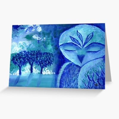 BLUE DAWN - Sandra Burns ART - nature art, blue owl painting, shades of blue turquoise and white, blue and white painting of owl and trees, owl feathers trees mist clouds, feeling serene and peaceful, wise owl, wisdom - original artwork reproduced on greeting card