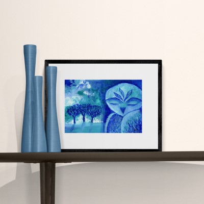 BLUE DAWN - Sandra Burns ART - nature art, blue owl painting, shades of blue turquoise and white, blue and white painting of owl and trees, owl feathers trees mist clouds, feeling serene and peaceful, wise owl, wisdom - nature art for sale, original acrylic painting on paper