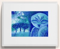 BLUE DAWN - Sandra Burns ART - nature art, blue owl painting, shades of blue turquoise and white, blue and white painting of owl and trees, owl feathers trees mist clouds, feeling serene and peaceful, wise owl, wisdom - nature art for sale, original acrylic painting on paper