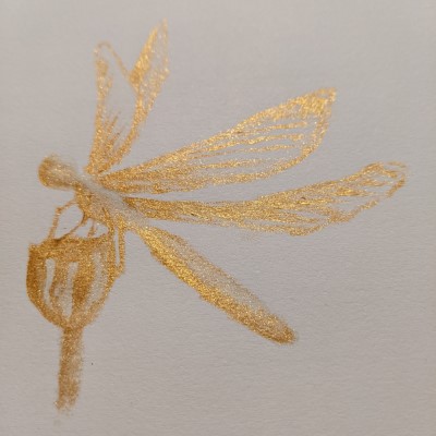 golden dragonfly sketch - Sandra Burns ART - a gold acrylic painting sketch of a dragonfly clinging to a small flower bud - sketchbook art