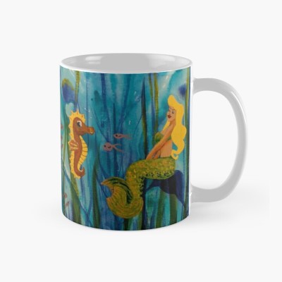 FANTASEA - Sandra Burns ART - nature art, fantasy mermaid art, underwater scene with mermaid, seahorse, and fish among the ocean plants, blue, green, yellow, gold, brown, child-like wonder, magic - original artwork reproduced onto ceramic mug