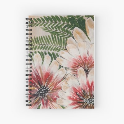 FLOWERS FOR YOU - Sandra Burns ART - nature art, glorious crimson red and white flowers with gold highlights, deep green fish fern, tan background - original artwork reproduced on spiral notebook