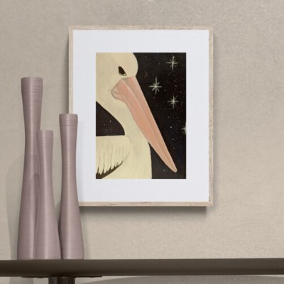 PELICAN PETE - Sandra Burns ART - nature art, close-up of an Australian Pelican, white bird with pink beak, black background with white stars, acrylic painting on paper