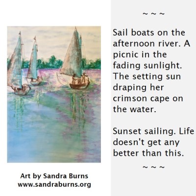 SUNDAY SAILING - Sandra Burns ART - nature art, boats sailing on the Swan River in Perth Western Australia, pink evening sunset sky reflecting on the water, sunset sailing, watercolour, pastel crayon - nature art for sale, original mixed media painting on paper