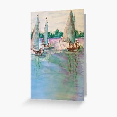 SUNDAY SAILING greeting cards - Sandra Burns ART - nature art, boats sailing on the Swan River in Perth Western Australia, pink evening sunset sky reflecting on the water, sunset sailing, watercolour, pastel crayon - original artwork reproduced on greeting cards