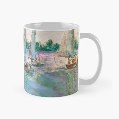 SUNDAY SAILING ceramic mug - Sandra Burns ART - nature art, boats sailing on the Swan River in Perth Western Australia, pink evening sunset sky reflecting on the water, sunset sailing, watercolour, pastel crayon - original artwork reproduced on ceramic mug
