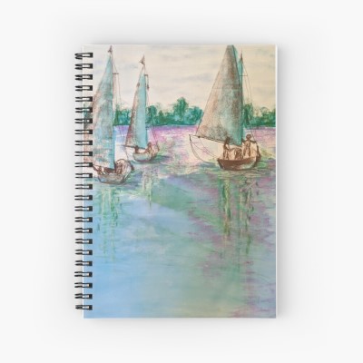 SUNDAY SAILING spiral notebook - Sandra Burns ART - nature art, boats sailing on the Swan River in Perth Western Australia, pink evening sunset sky reflecting on the water, sunset sailing, watercolour, pastel crayon - original artwork reproduced on cover of spiral notebook