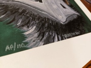 EDDIE THE EMU - Sandra Burns ART - nature art, Australian Emu painting, with amazing eyes looking at you, black white grey gray feathers, green background - original artwork reproduced on deluxe wall art print - image shows Artist's Proof