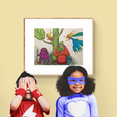 Mythical Creatures - Sandra Burns ART - nature art, mythical creatures art, old man standing on ground, bird elf in tree, elf sitting on a mushroom, flying fairy with blonde hair and blue dress - nature art for sale, indian ink, chinagraph pencil, wax pencil, original mixed media painting on paper