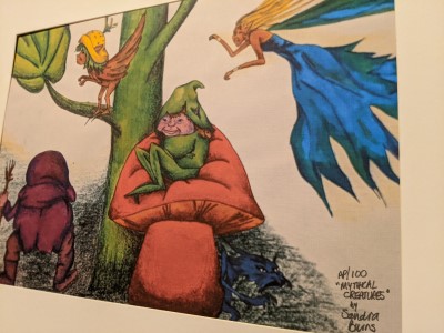 Mythical Creatures Print - artists proof - Sandra Burns ART - nature art, mythical creatures art, old man standing on ground, bird elf in tree, elf sitting on a mushroom, flying fairy with blonde hair and blue dress - nature art print for sale, original artwork reproduced on limited-edition print