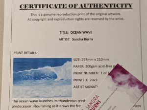 OCEAN WAVE - Sandra Burns ART - nature art, blue ocean wave print, crashing wave, blue water, white sea-spray, white shore wash - original artwork reproduced on deluxe wall art print - image shows certificate of authenticity