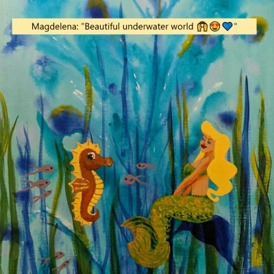 FANTASEA - Sandra Burns ART - nature art, fantasy mermaid art, underwater scene with mermaid, seahorse, and fish among the ocean plants, blue, green, yellow, gold, brown, child-like wonder, magic - nature art for sale, original acrylic painting on paper