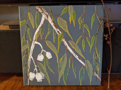 GUMNUTS IN THE MORNING SUN - Australian gum tree painting - Sandra Burns ART - nature art, eucalyptus gum tree and gum nuts, green grey white yellow, white and brown bark, green and blue leaves, grey background, yellow sunlight glistening on the leaves, escape to the quiet of the Australian bush - nature art for sale, original acrylic painting on stretched canvas