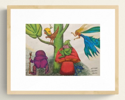Mythical Creatures - Sandra Burns ART - nature art, mythical creatures art, old man standing on ground, bird elf in tree, elf sitting on a mushroom, flying fairy with blonde hair and blue dress - nature art for sale, original artwork reproduced on limited edition wall art print